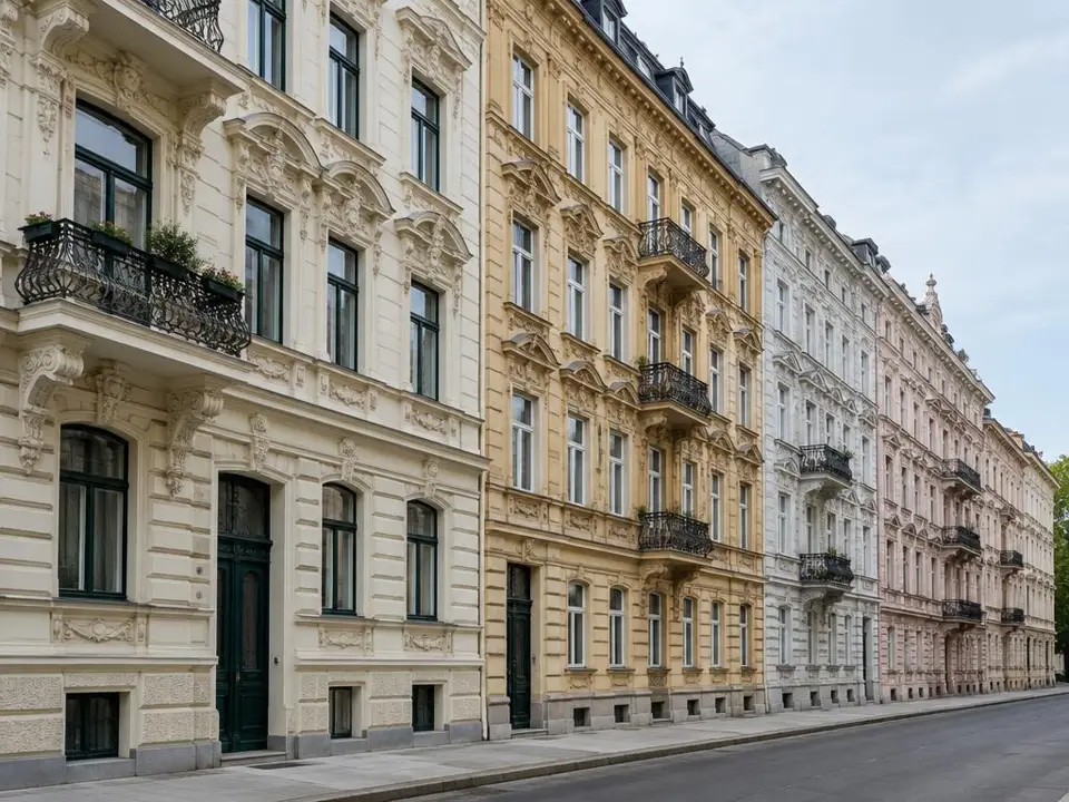 Zinshaus-Straßenzug mit Stuckfassaden, Energieausweis Zinshaus Wien