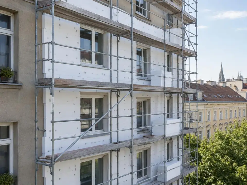 Gerüst mit Dämmplatten an Fassade, Förderberatung Sanierung Wien
